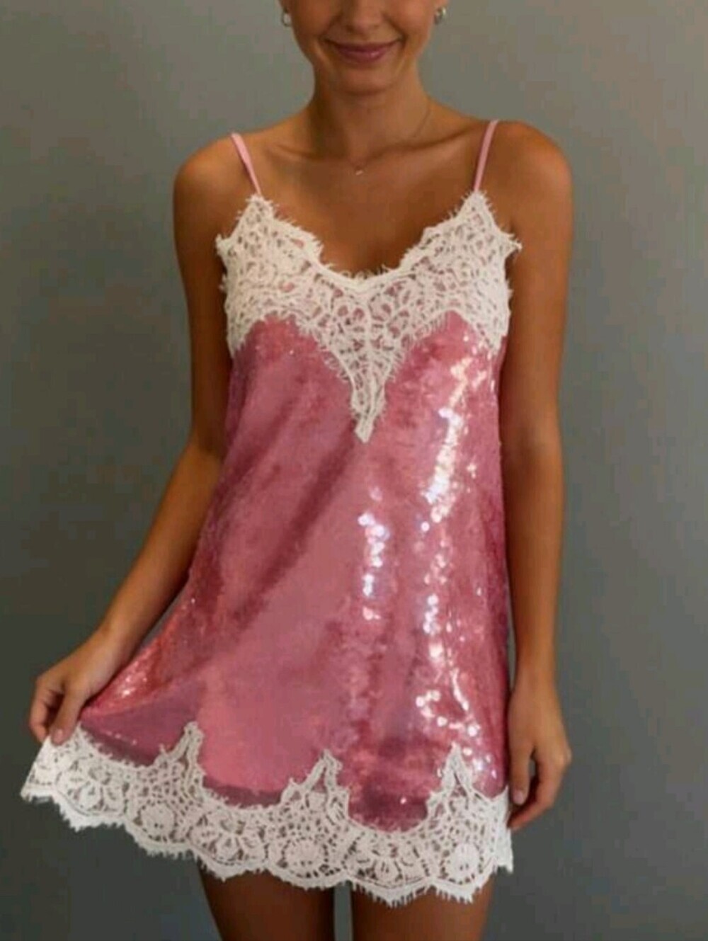 Women's Sequin Lace Trim Slip Dress, Spaghetti Strap V-Neck Mini Dress, Summer F - Picture 4 of 8